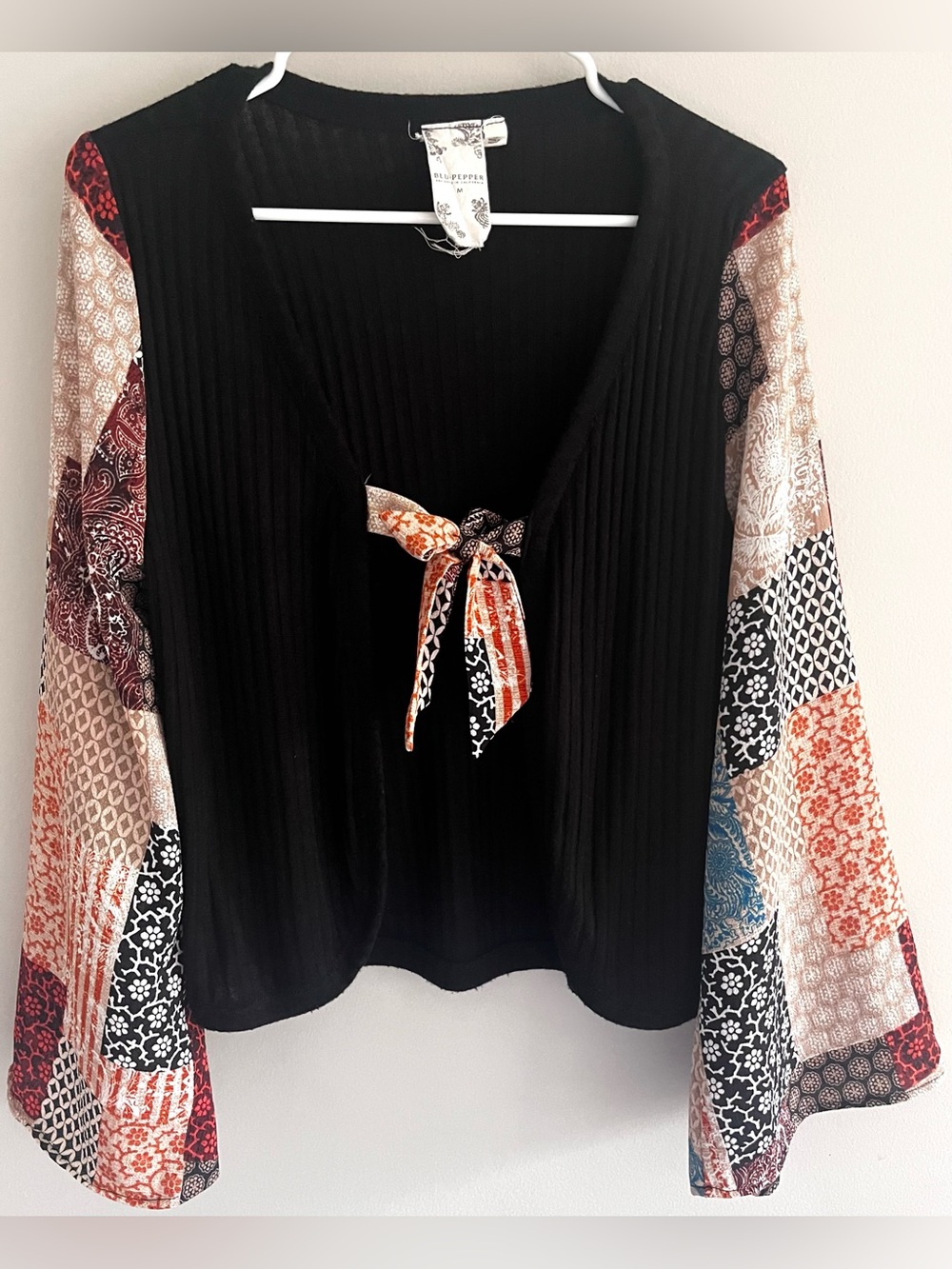 Blu Pepper Ribbed Knit Tie-Front Cardigan with Patchwork Sleeves